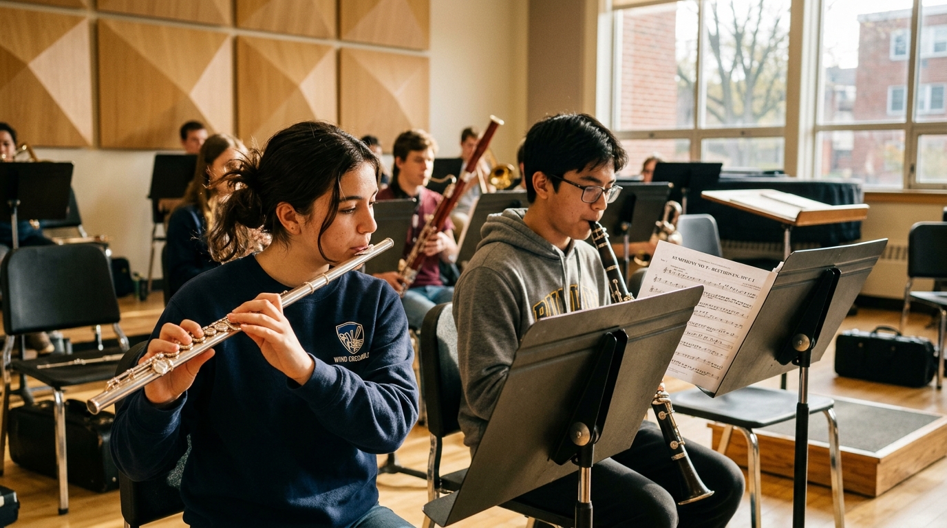Concert band woodwind section performing in Lincolnview Auditorium
